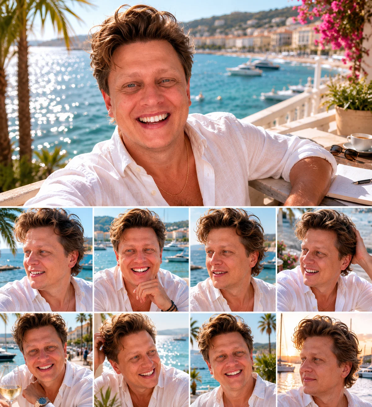 Collage of nine photos of Vadym Rekel by the sea